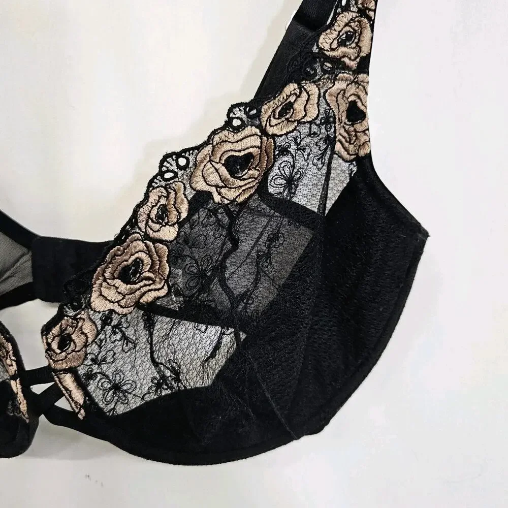 Wacoal Black Lace Rose Applique Retro Underwire Bra 65172 Size 36DD